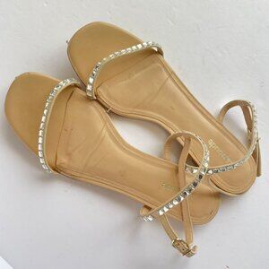Larroude Womens Lola Beige Flat‎ Sandals Size 7.5 Embellished Rhinestones Strap
